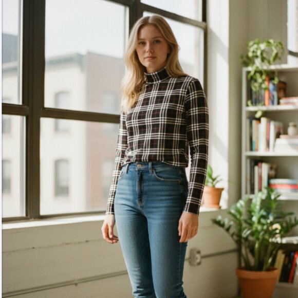 Blank Tops - Blank Black and White Plaid Shirt Women's Size Medium Long Sleeves High Neck